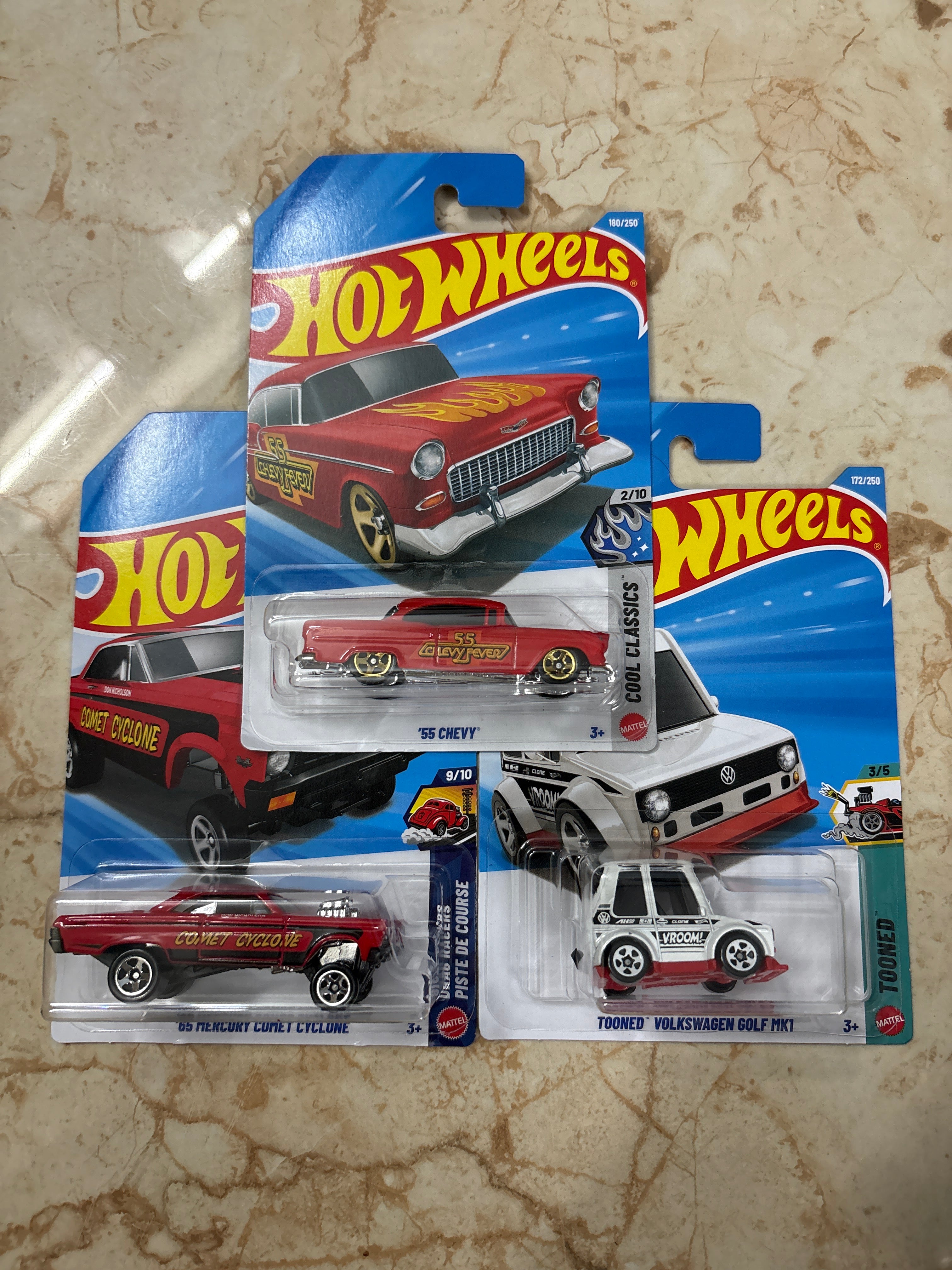 55 Chevy, 65 mercury comet cyclone, Tooned Volkswagen Golf MK1