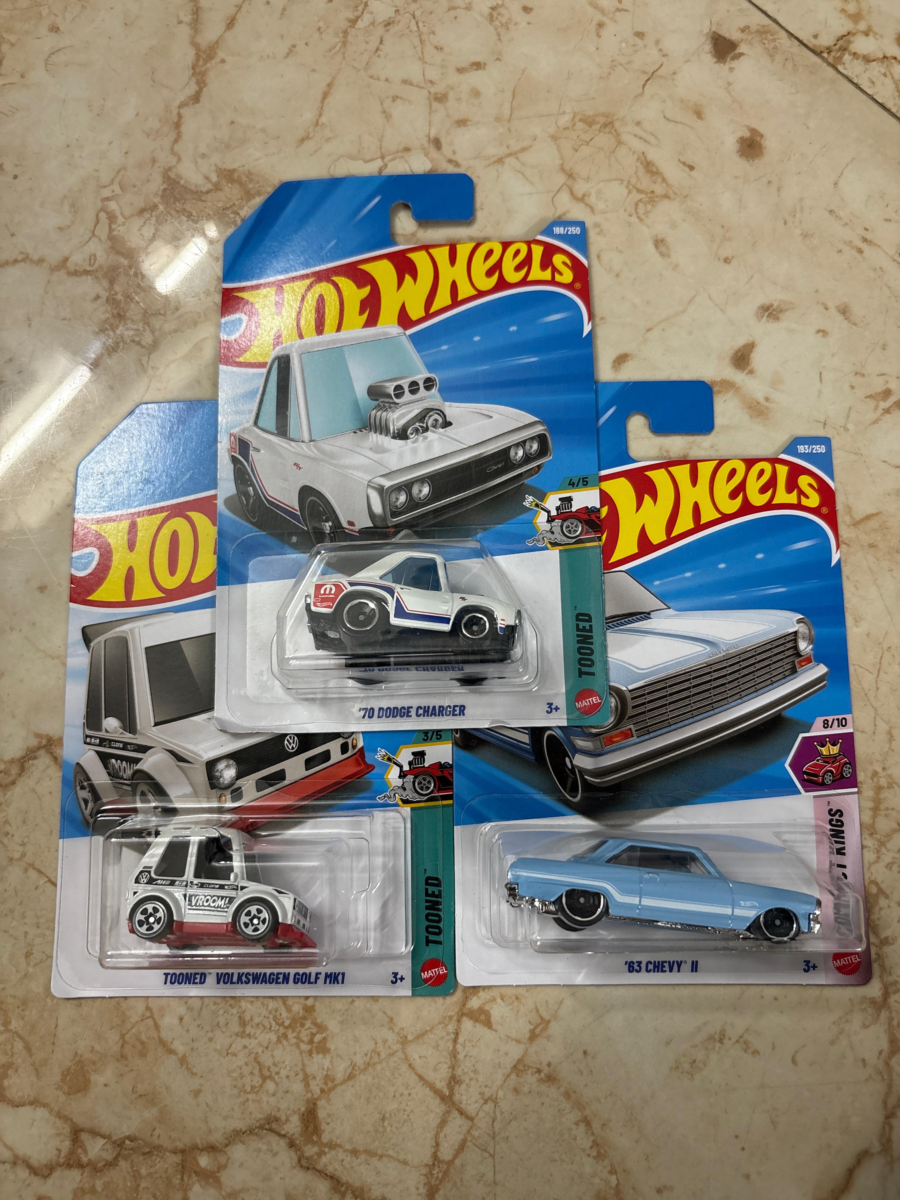 70 Dodge Charger, Tooned Volkswagen Golf MK1, 63 Chevy 2
